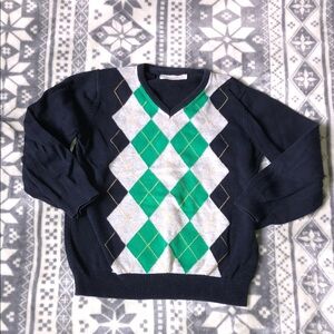 Zara Boys Navy V-Neck Sweater with Green & Gray Argyle